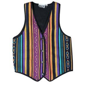 Vintage 80’s BOOM Carpet Vest Rhasta Rainbow Helix Woven Colorful Sz M